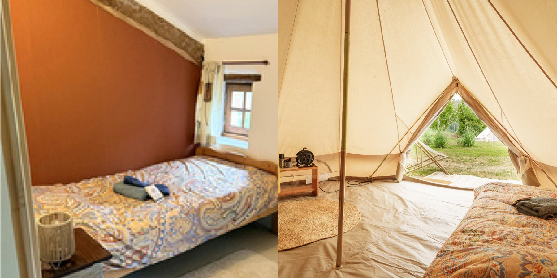 Privé kamer met rode muur en luxe bell tent interieur
